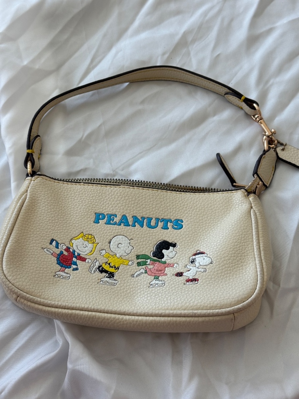 Coach x Peanuts Snoopy Ice Skating Leather Hobo Shoulder Bag Cream